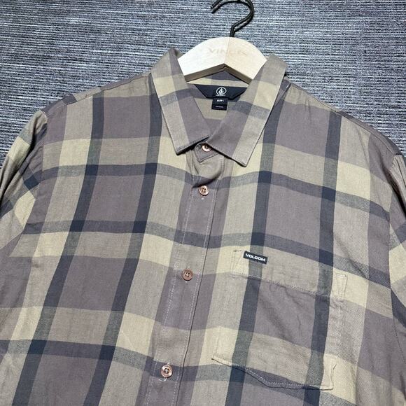 Volcom Shirt Men's Large Brown Plaid Long Sleeve Button Up - Picture 4 of 14